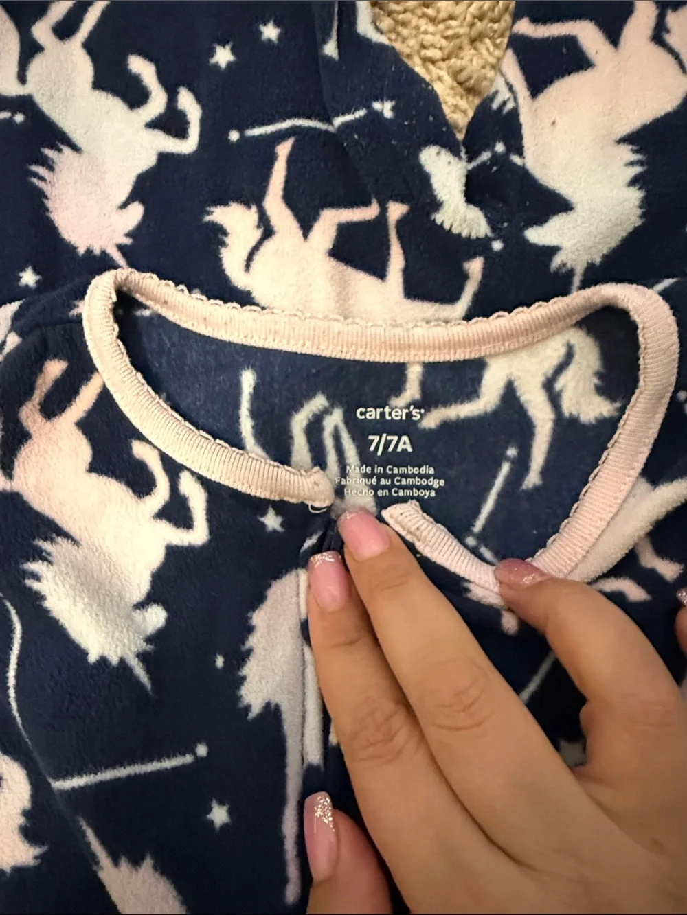 Carter's Navy Fleece Unicorn Pajama Set with Light Pink Trim size 7